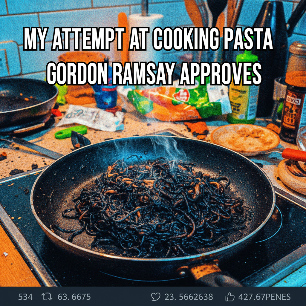 Attempted gourmet pasta, ended up with 'carbonized noodles in mystery sauce.' 0/10.