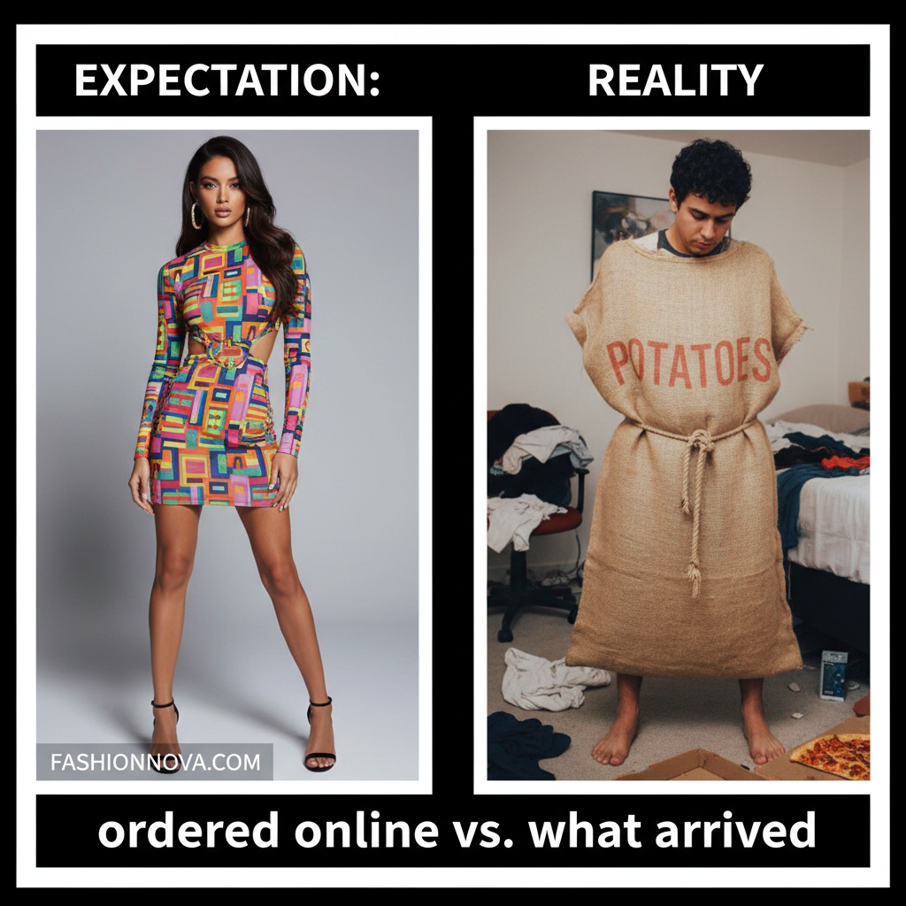 Ordered a 'chic mini dress' online, received a potato sack. My disappointment is immeasurable.