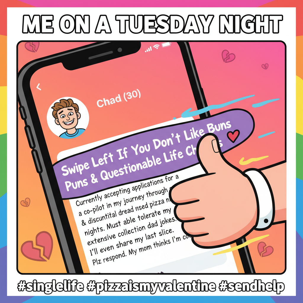 My dating app bio: 'Fluent in sarcasm, terrible at small talk.' Still single. Send help. Or pizza.