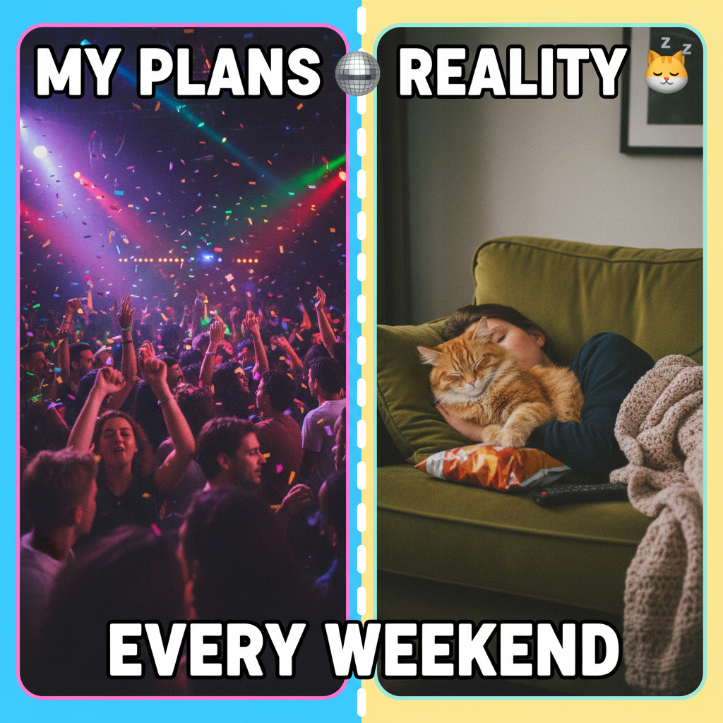 Friday night plans: Clubbing till dawn. Friday night reality: Asleep by 9 PM with a cat on my face.