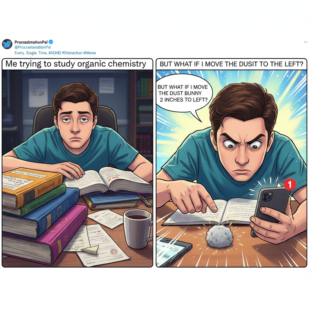 Me trying to study during exam season vs. literally anything else existing.