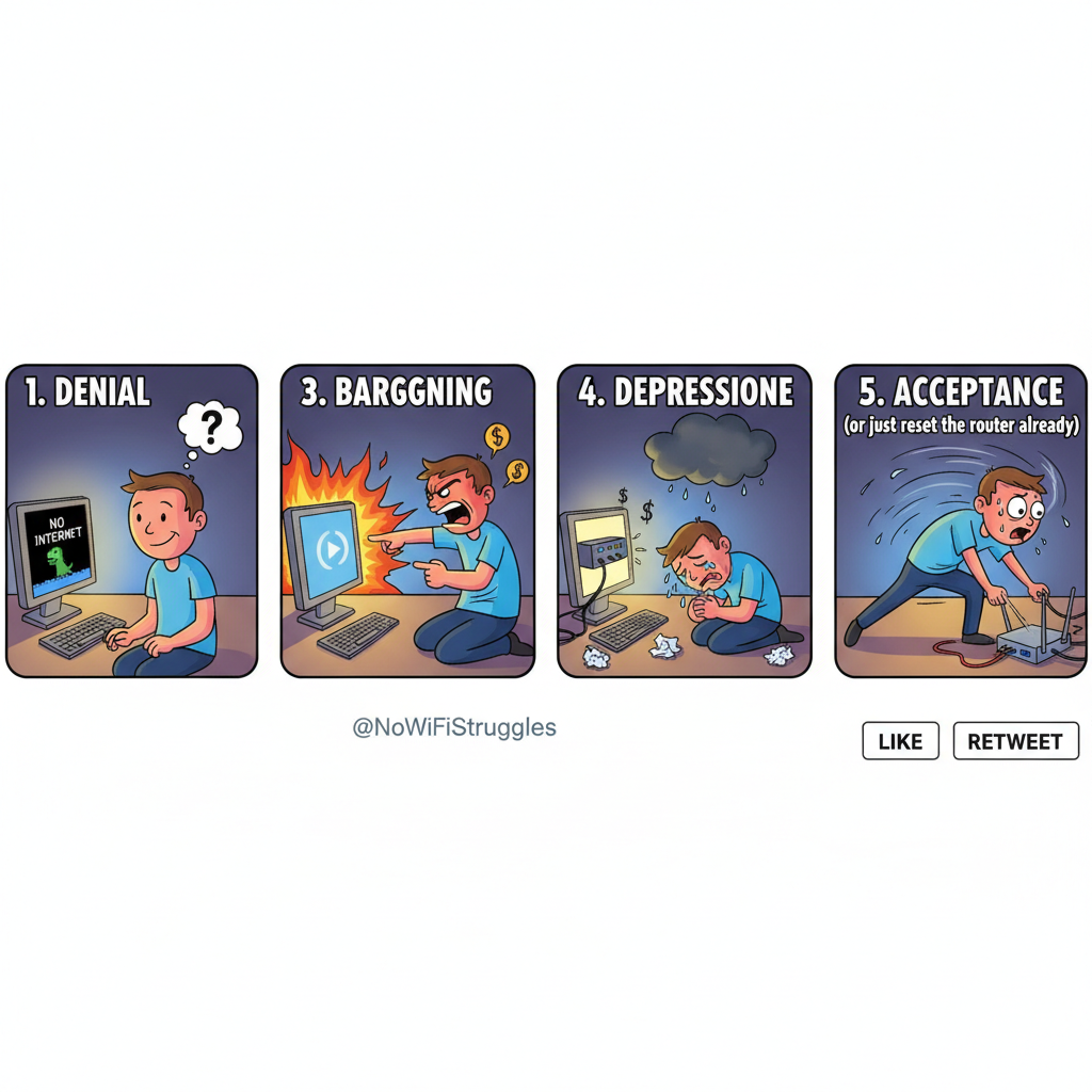 The 5 stages of grief when the WiFi goes down.