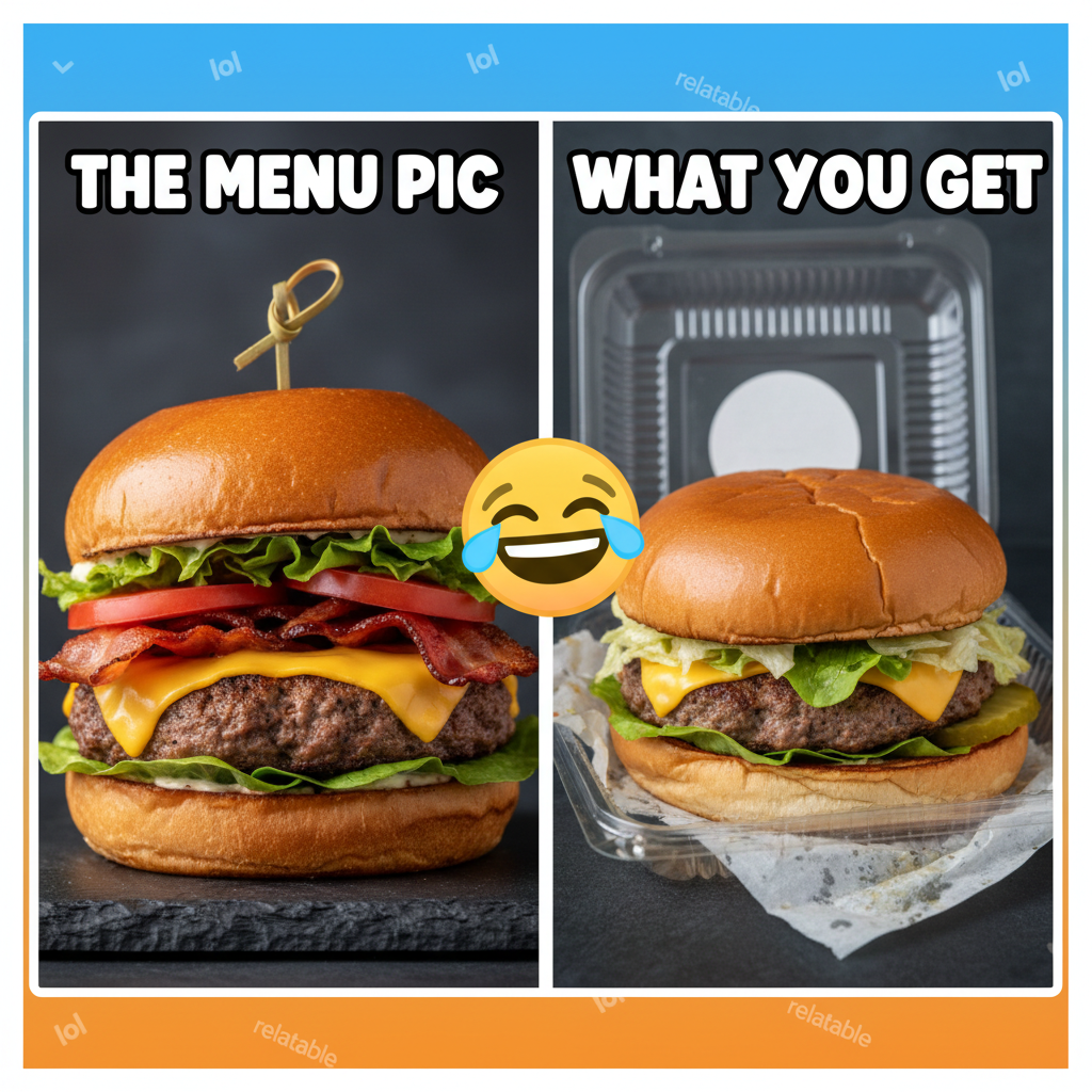 Ordered a gourmet burger, got a sad, squashed patty. My expectations vs reality in one pic.