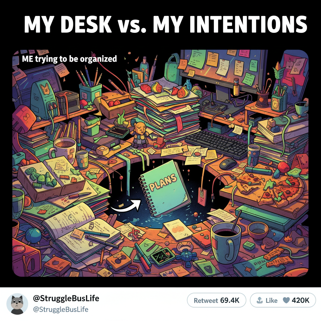 My New Year's resolution was to be more organized. My desk currently looks like a crime scene.