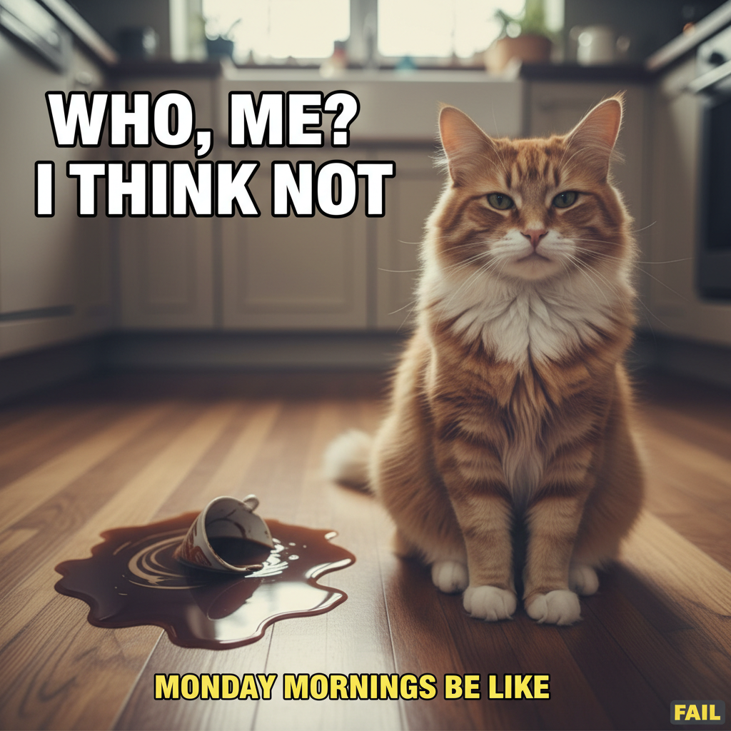 My cat just knocked my coffee off the counter, then looked at me like *I* was the problem.