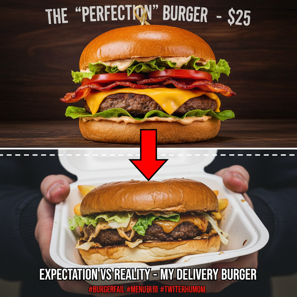 Ordered a gourmet burger, got something that looks like it lost a fight with a truck.