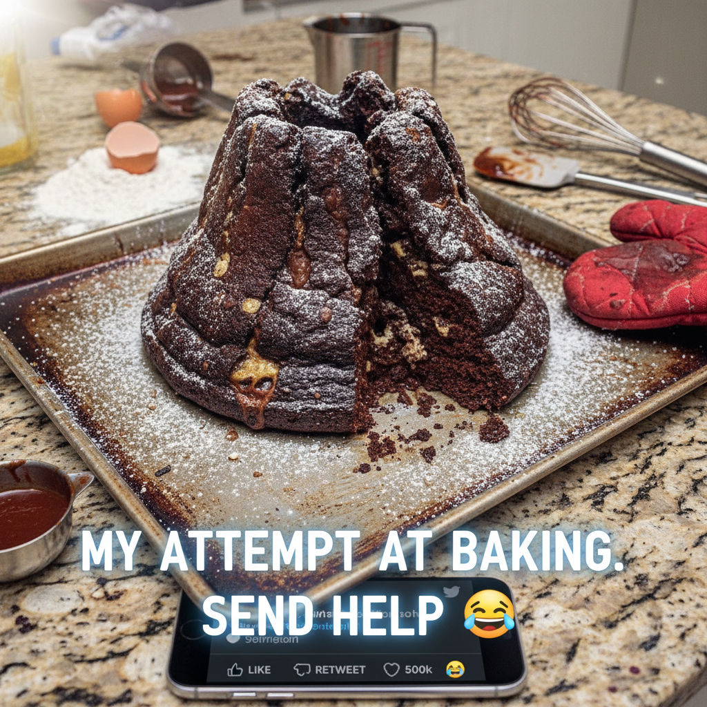 Tried to bake a cake. It now resembles a volcanic eruption. My kitchen is a disaster zone.