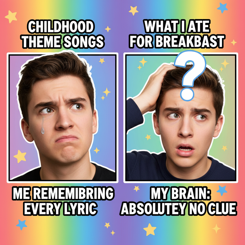 My brain trying to remember childhood cartoon theme songs vs. what I ate for breakfast.