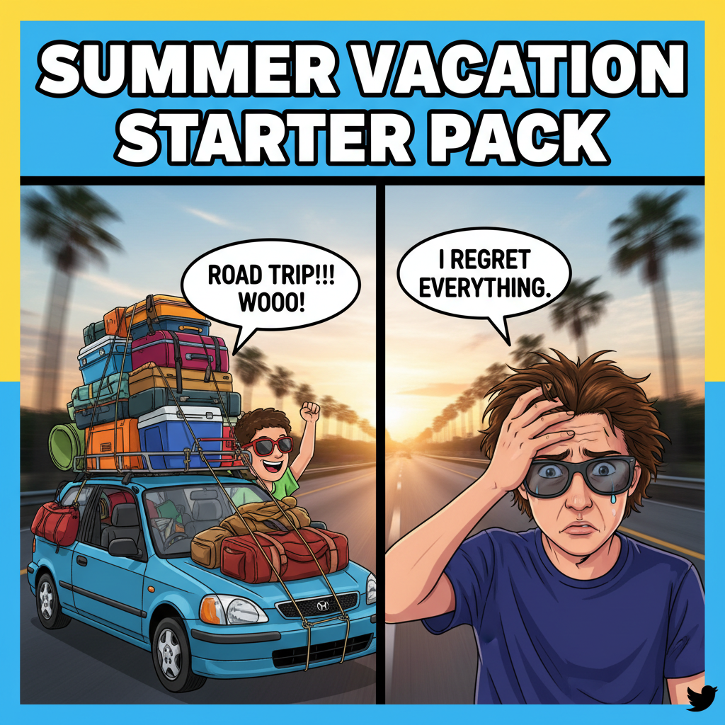 Road trip: 10% scenic views, 90% 'Are we there yet?' and questionable gas station snacks.