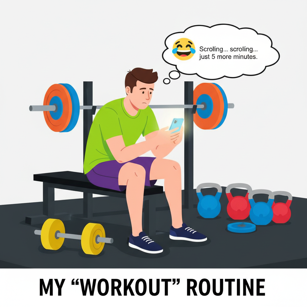 Me at the gym: 1 rep, 5 minute phone break. It's called 'active recovery,' look it up.