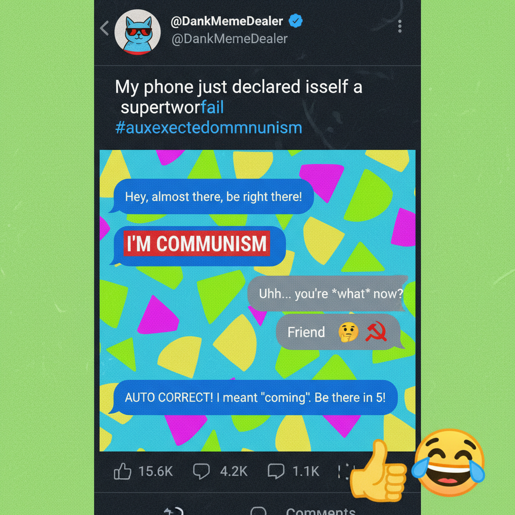 Autocorrect changed 'I'm coming' to 'I'm communism.' My boss is now very confused.