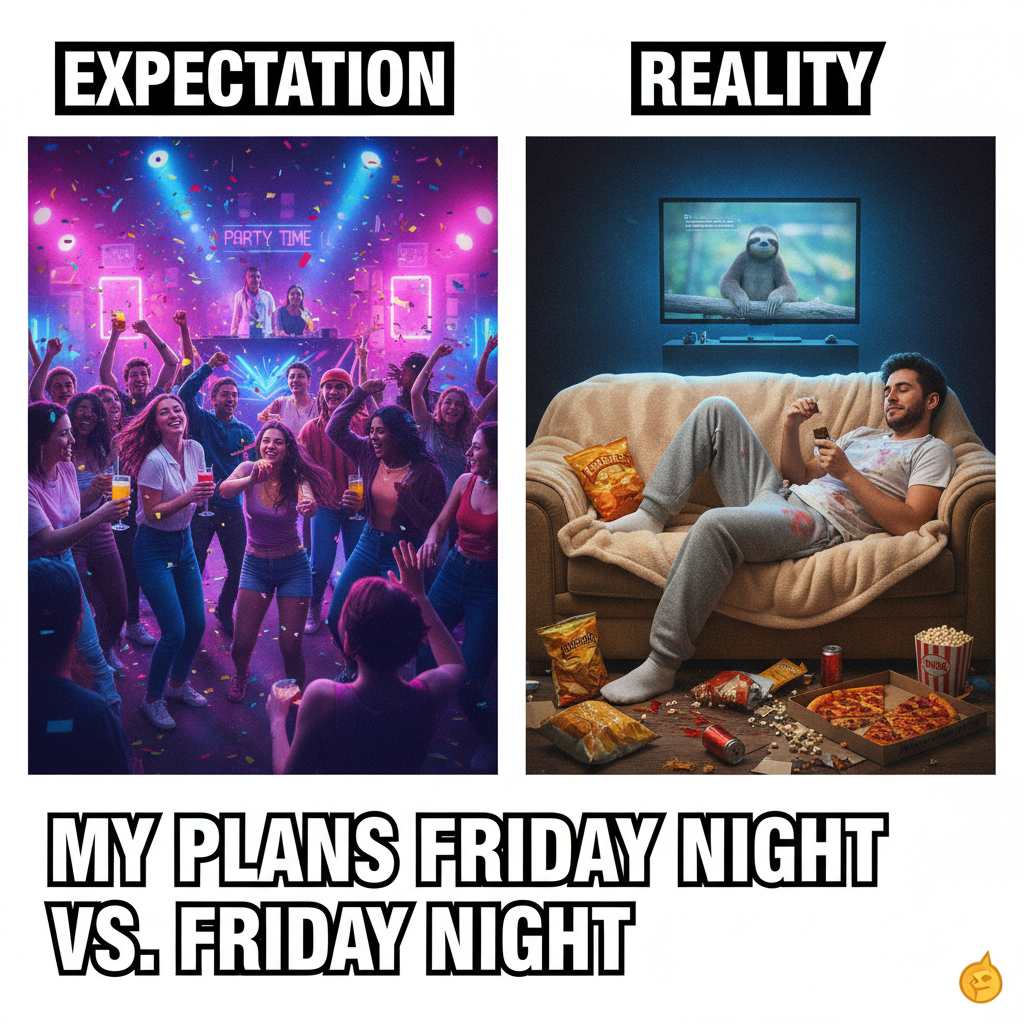 Friday night plans: wild party. Friday night reality: wild party... of one, with snacks and Netflix.