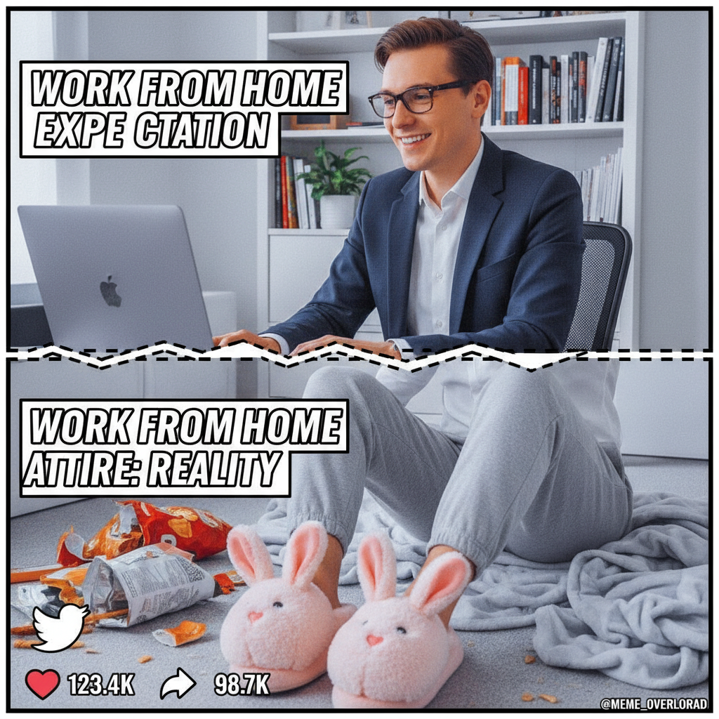 My WFH uniform: business on top, pajama pants and fuzzy slippers on the bottom. Productivity levels: peak.