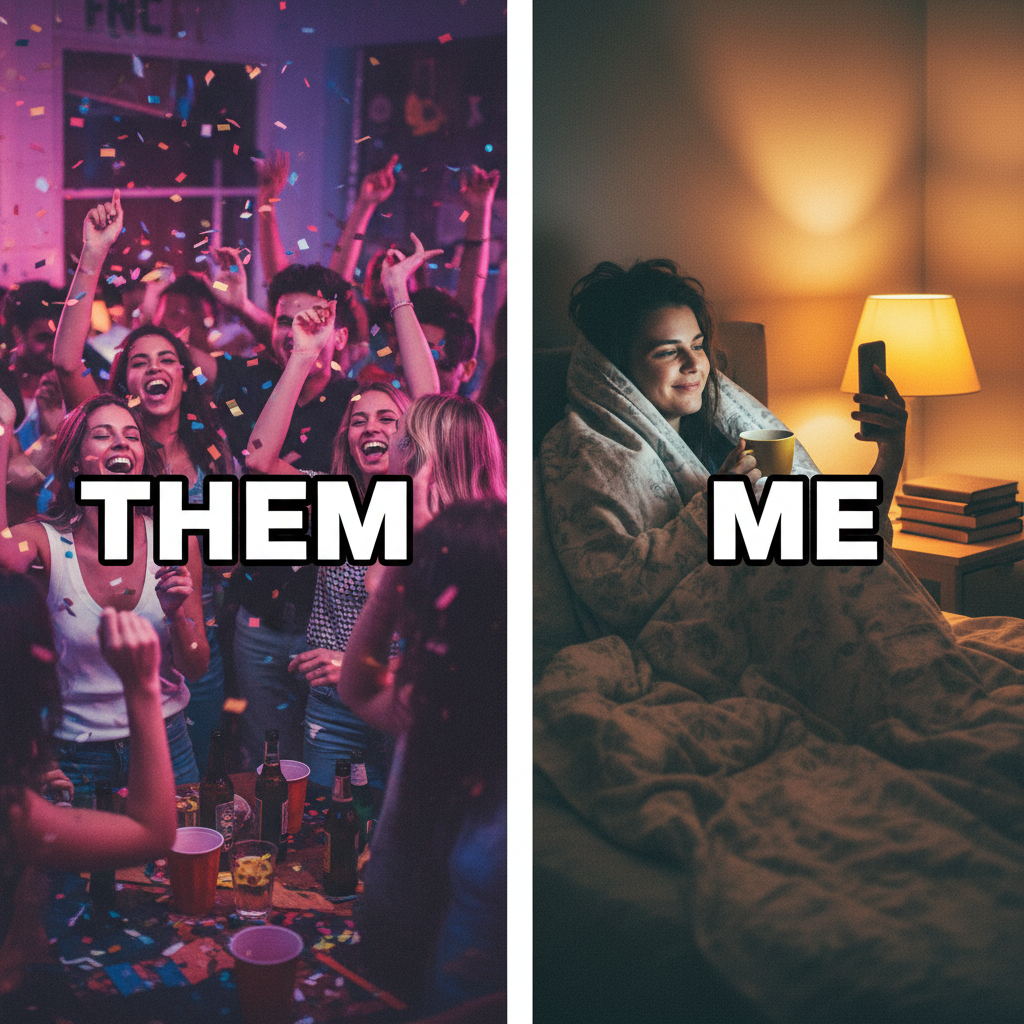 Invited to a party. My extrovert friend: 'Let's go!' My introvert brain: 'My bed misses me.'