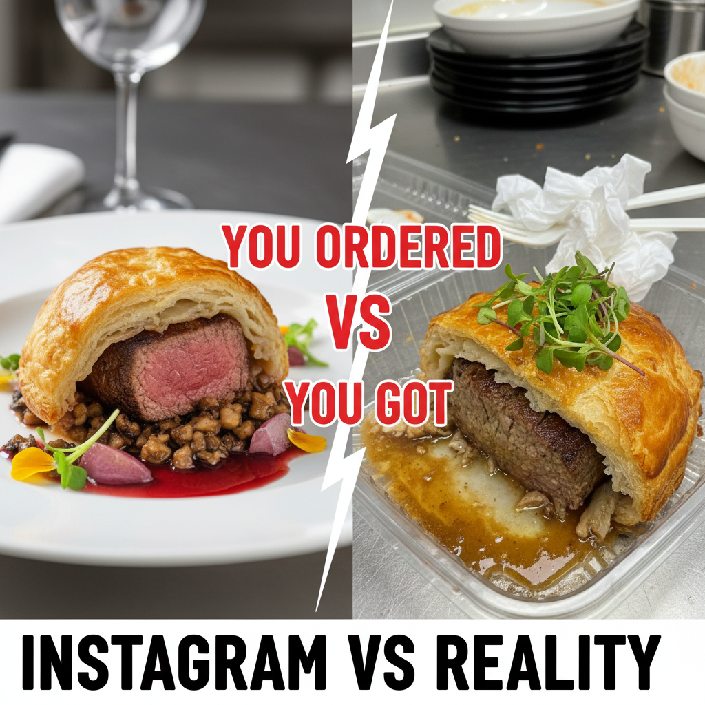 Food delivery expectation: gourmet meal. Food delivery reality: a slightly squashed Picasso.