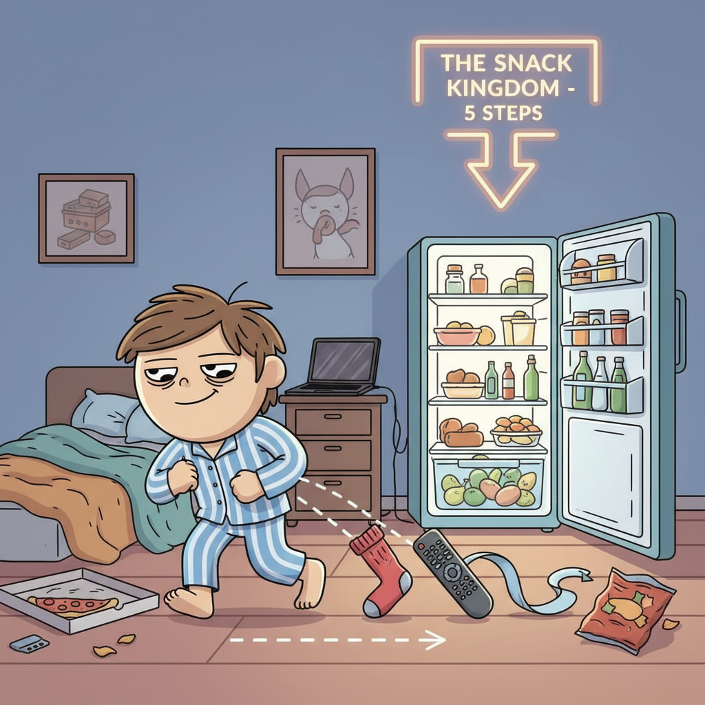 My 'vacation' itinerary: From bed to fridge, then back again. Peak travel goals.
