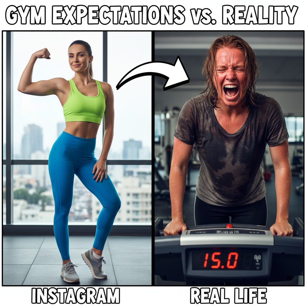 Me trying to look cool at the gym vs. me after 5 minutes on the treadmill.