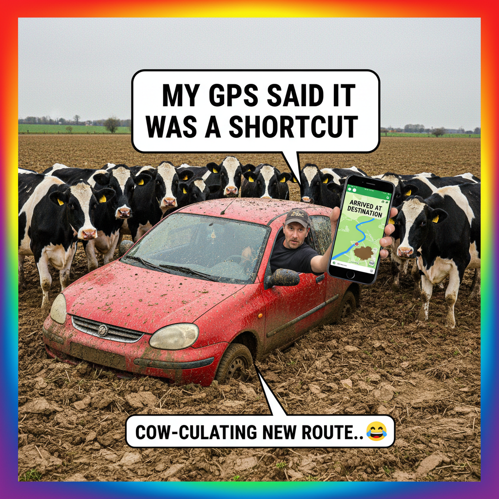 GPS told me to turn left. I turned left. Now I'm in a cow pasture.