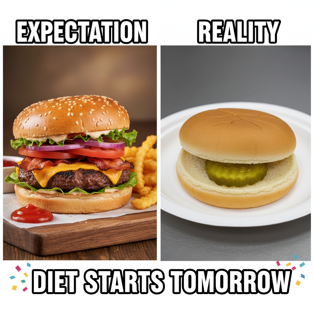 Ordered a 'gourmet' burger, got two buns and a pickle. Send help.