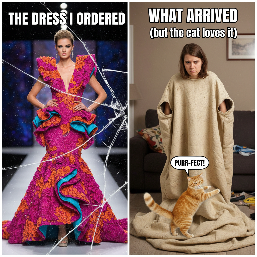 Ordered a 'chic' dress online. Got a potato sack with sleeves. My cat loves it though. #OnlineShopping