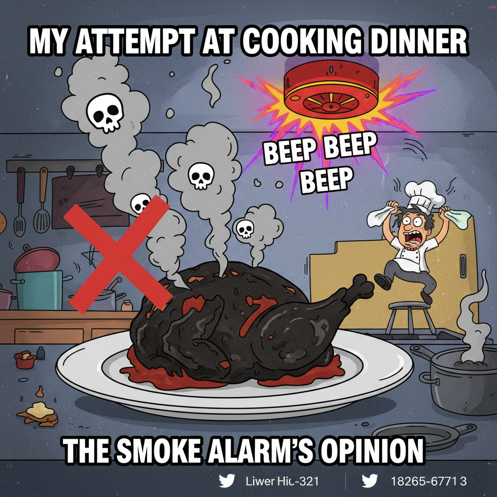 My 'gourmet' dinner turned into a charcoal briquette. At least the smoke alarm got fed.