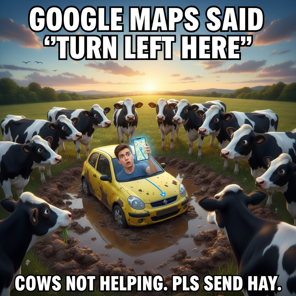 GPS said 'turn left.' I turned left. Now I'm in a cow pasture. Thanks, Siri.