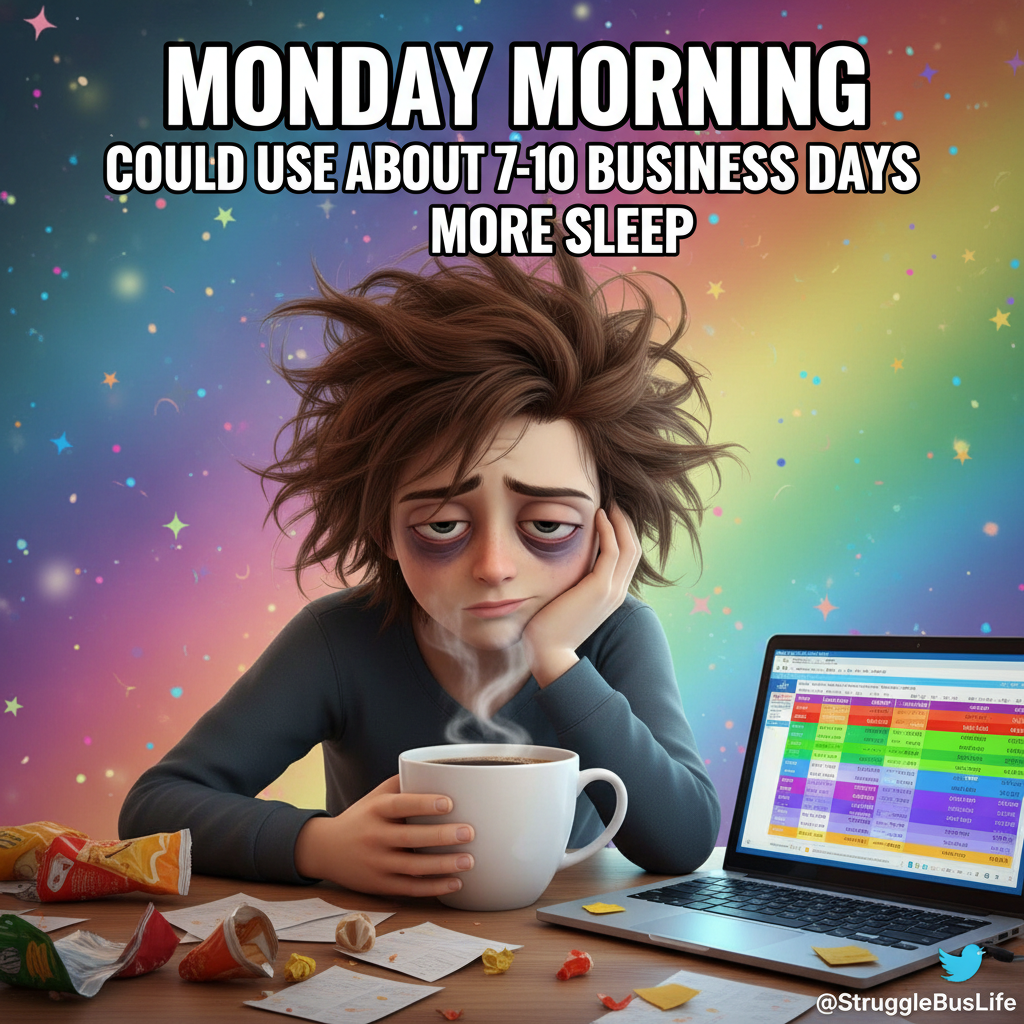 My brain on Monday morning: 'Did I actually sleep, or just blink really hard for 8 hours?'