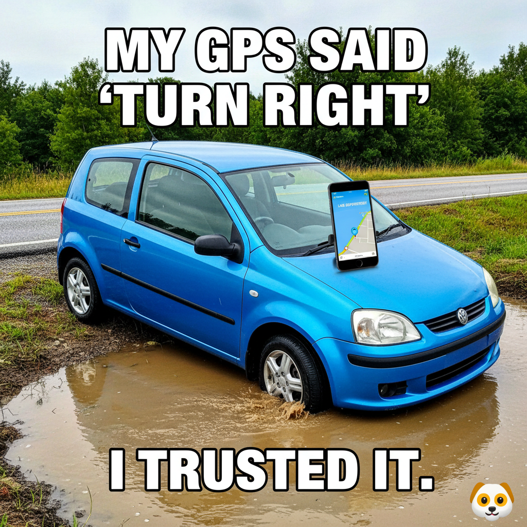 GPS said 'turn left in 500 feet.' It meant 'turn left into that lake.' Thanks, Siri.