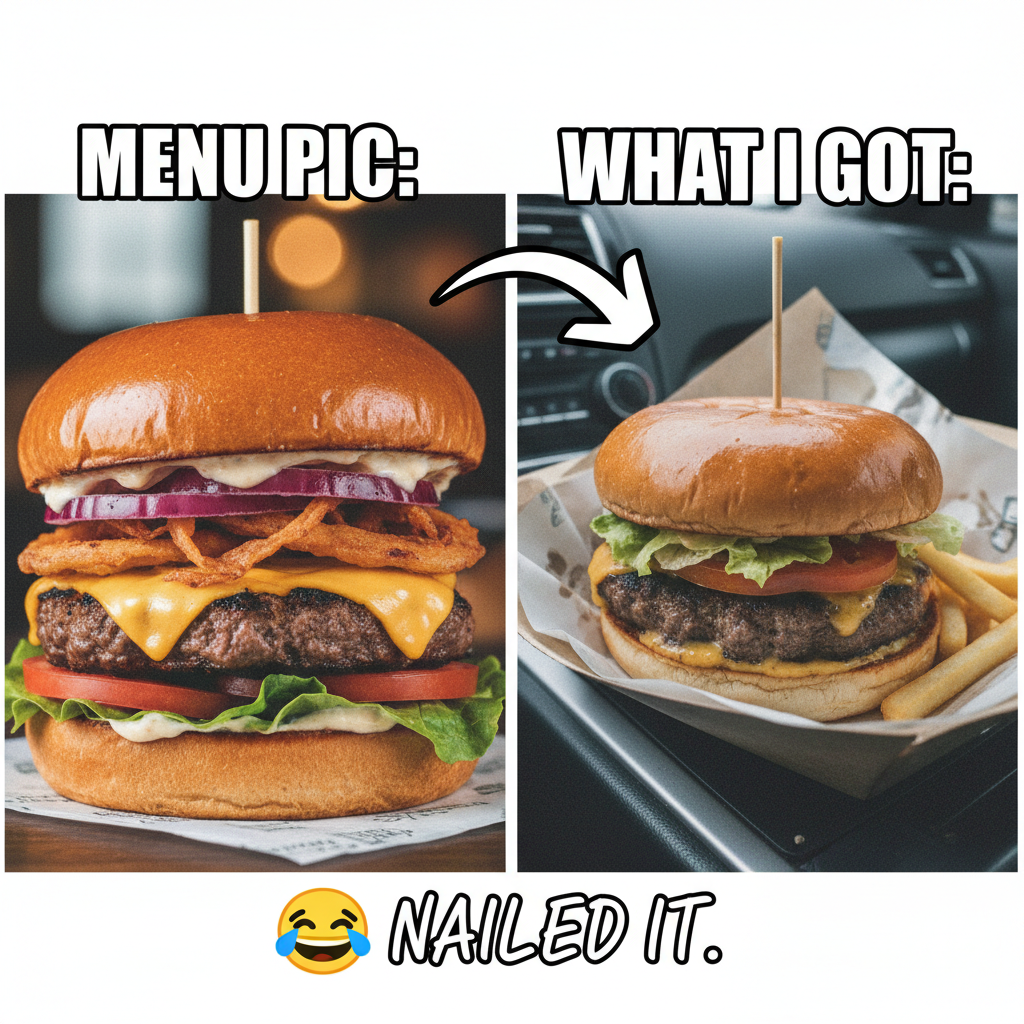 Ordered a gourmet burger, got a sad patty on a soggy bun. Expectations vs. Reality.