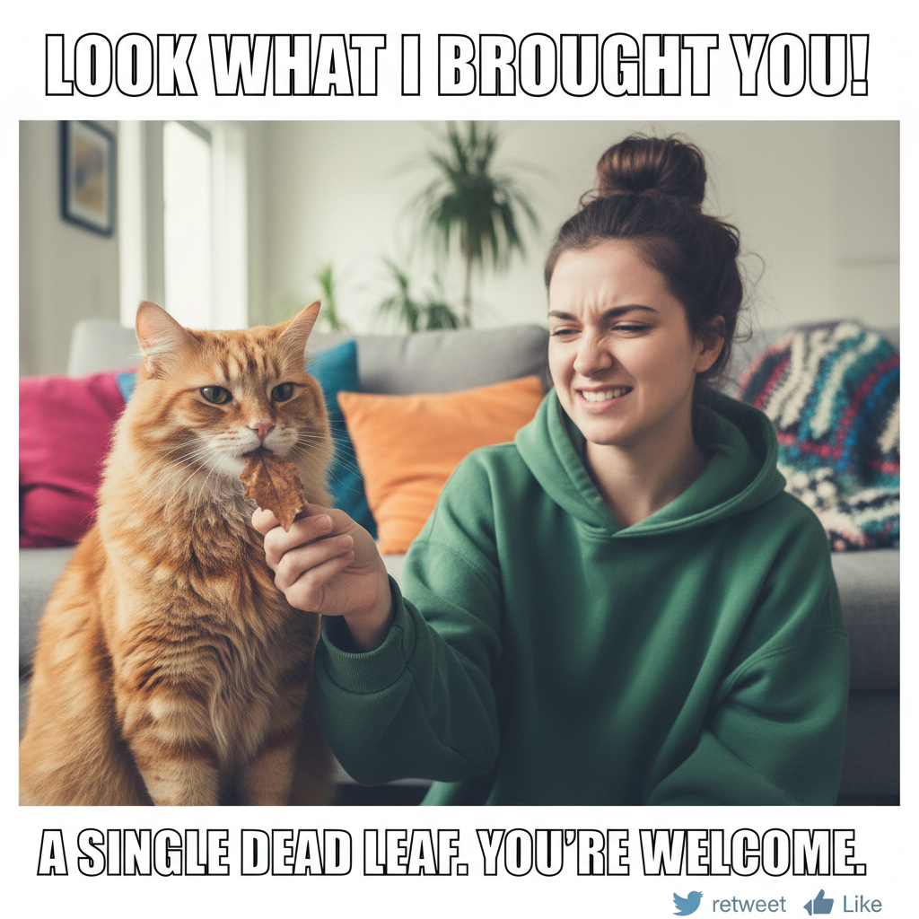 My cat just brought me a dead leaf like it's a trophy. I'm so proud, and slightly grossed out.