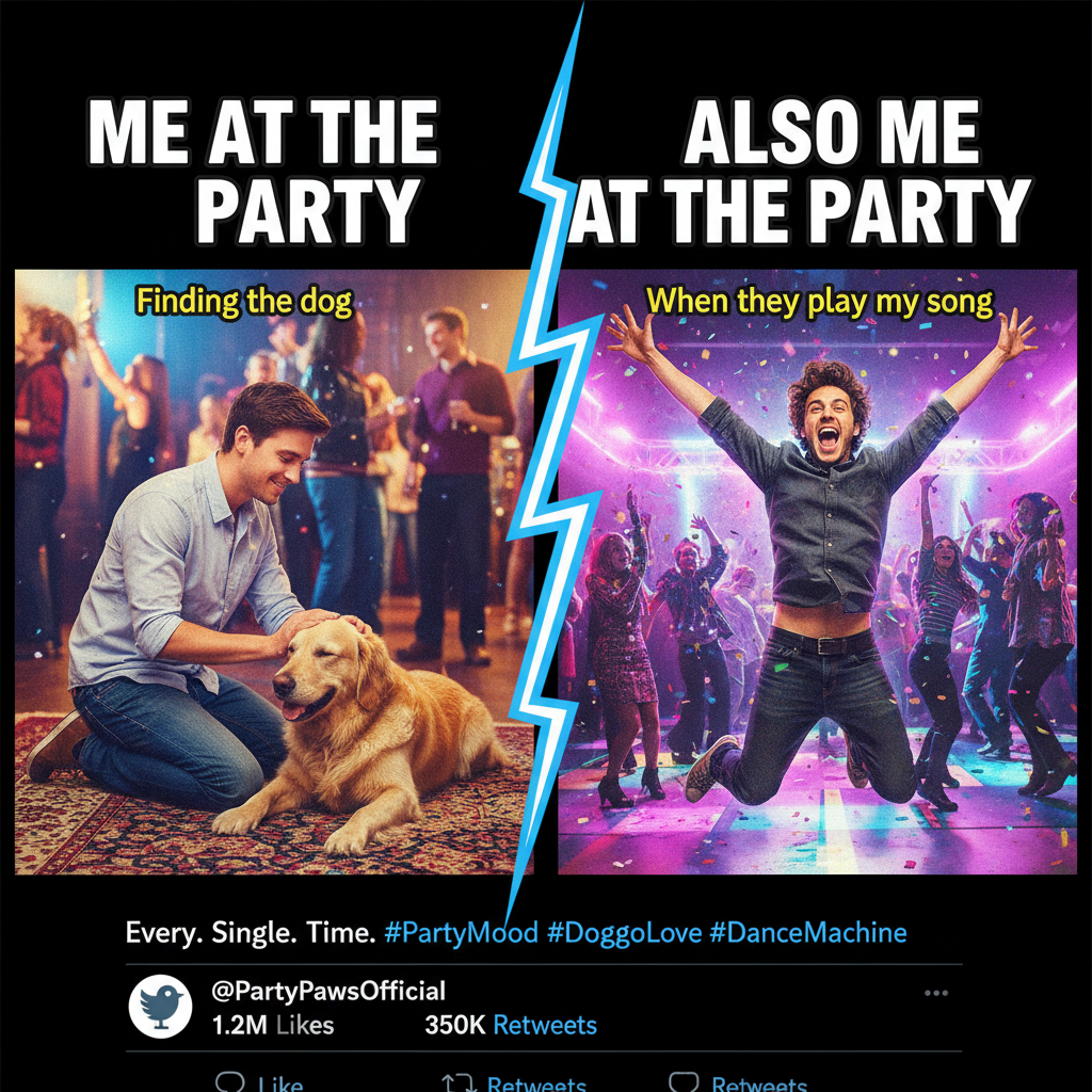 Introvert at a party: 'I'm just here for the dog.' Extrovert: 'LET'S GOOOO!'