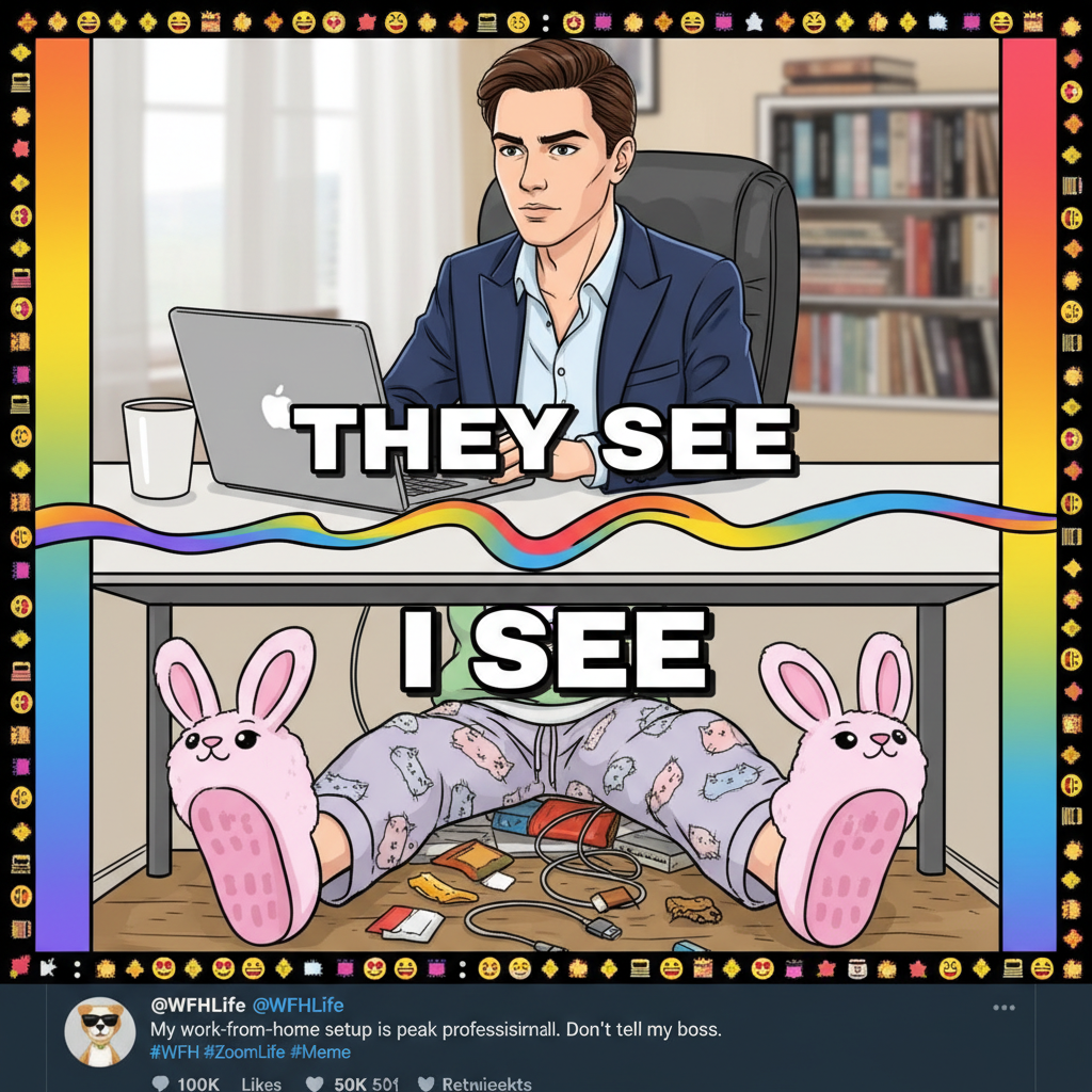 My WFH outfit: Business on top, pajama pants and fuzzy slippers on the bottom. The CEO will never know.