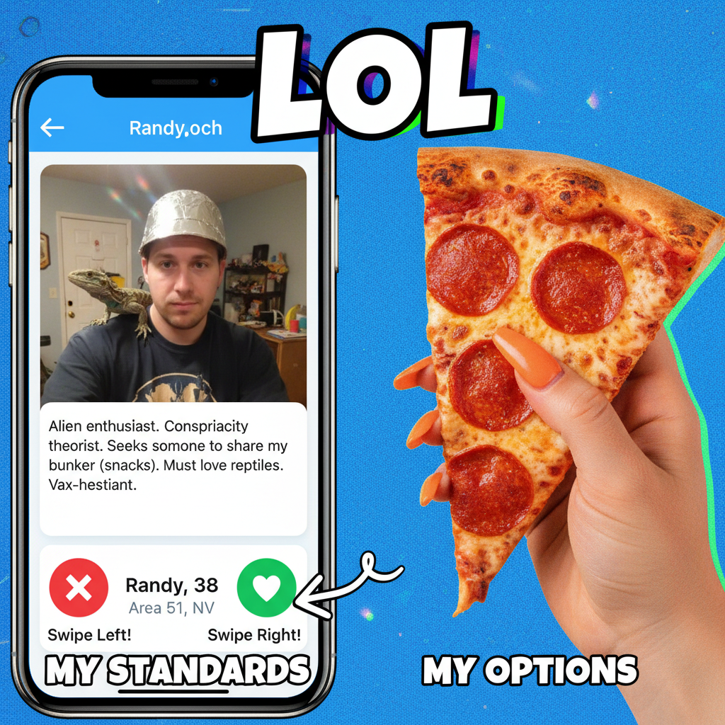 Dating apps are just a curated gallery of 'what if' and 'nope'. Send help (or pizza).