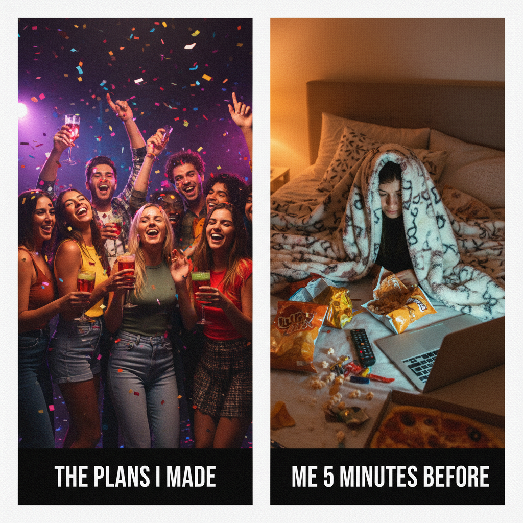 Extrovert: 'Let's go out!' Introvert: 'My bed has snacks.'