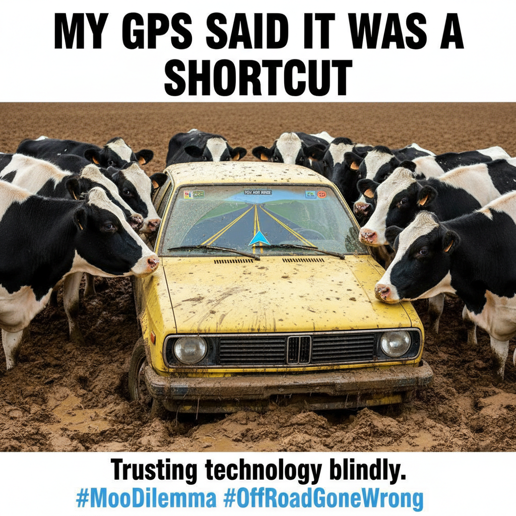 GPS said 'turn left.' We're now in a cow pasture. 🐄 #RoadTripFails