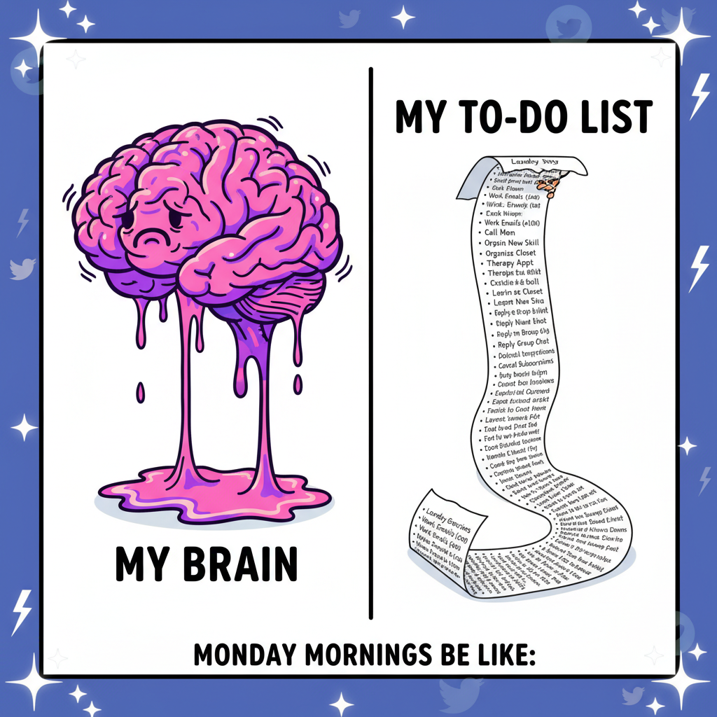 My brain on Monday morning vs. my to-do list. Send coffee. And help.