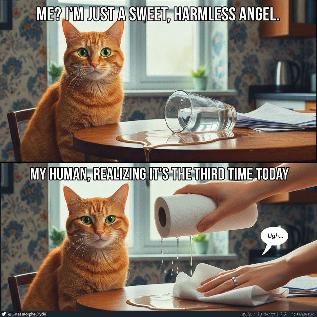 My cat just knocked over my water glass for the 3rd time. Still love him tho. 🐾