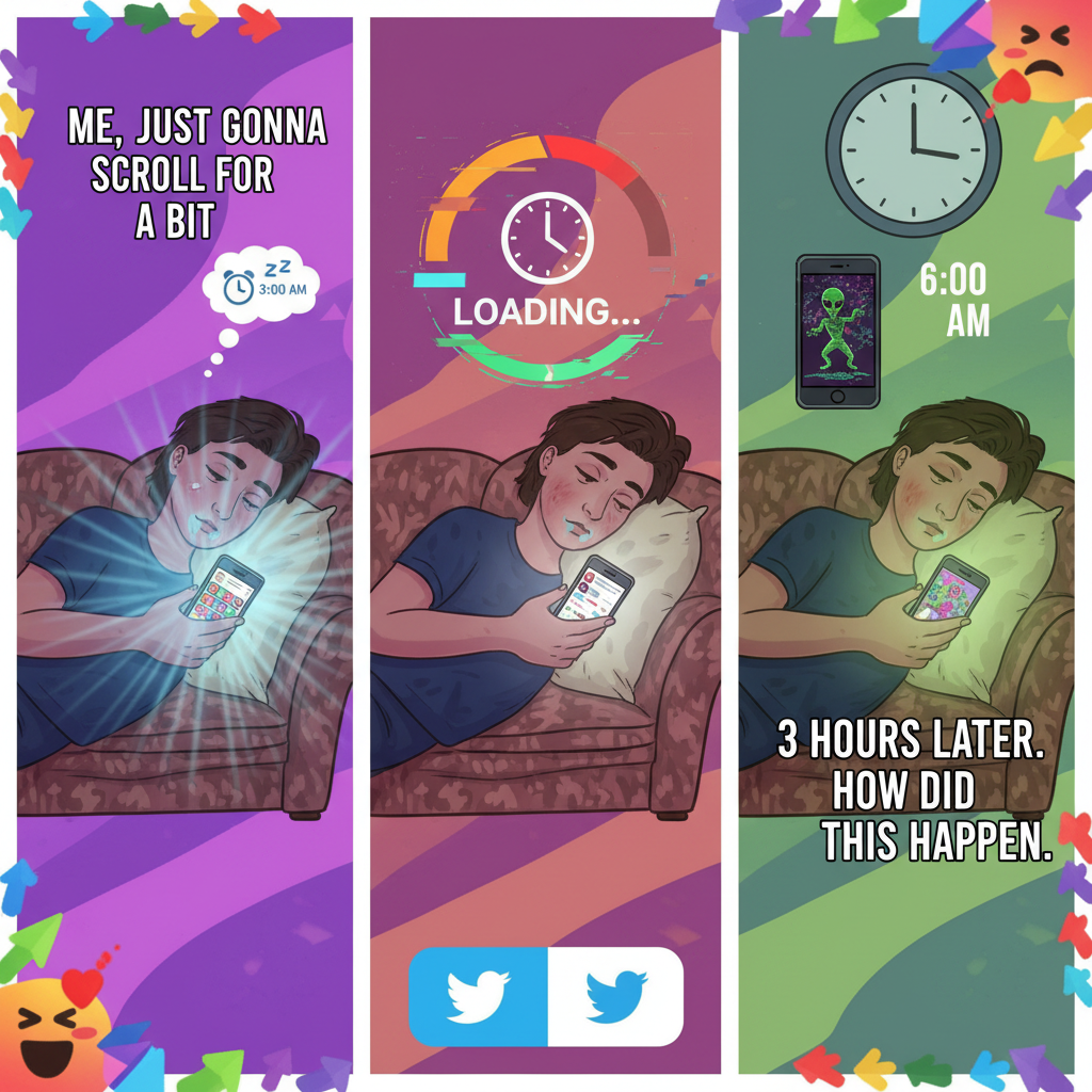Me: 'Just gonna check Twitter for 5 mins.' *Wakes up 3 hours later, phone glued to face*