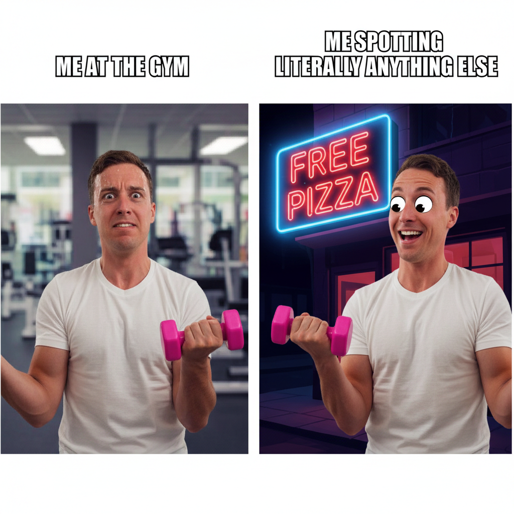 Me at the gym vs. me seeing the pizza place next door.