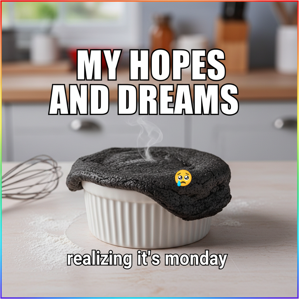 Tried to make a soufflé. Ended up with a burnt pancake. Send fire extinguisher.