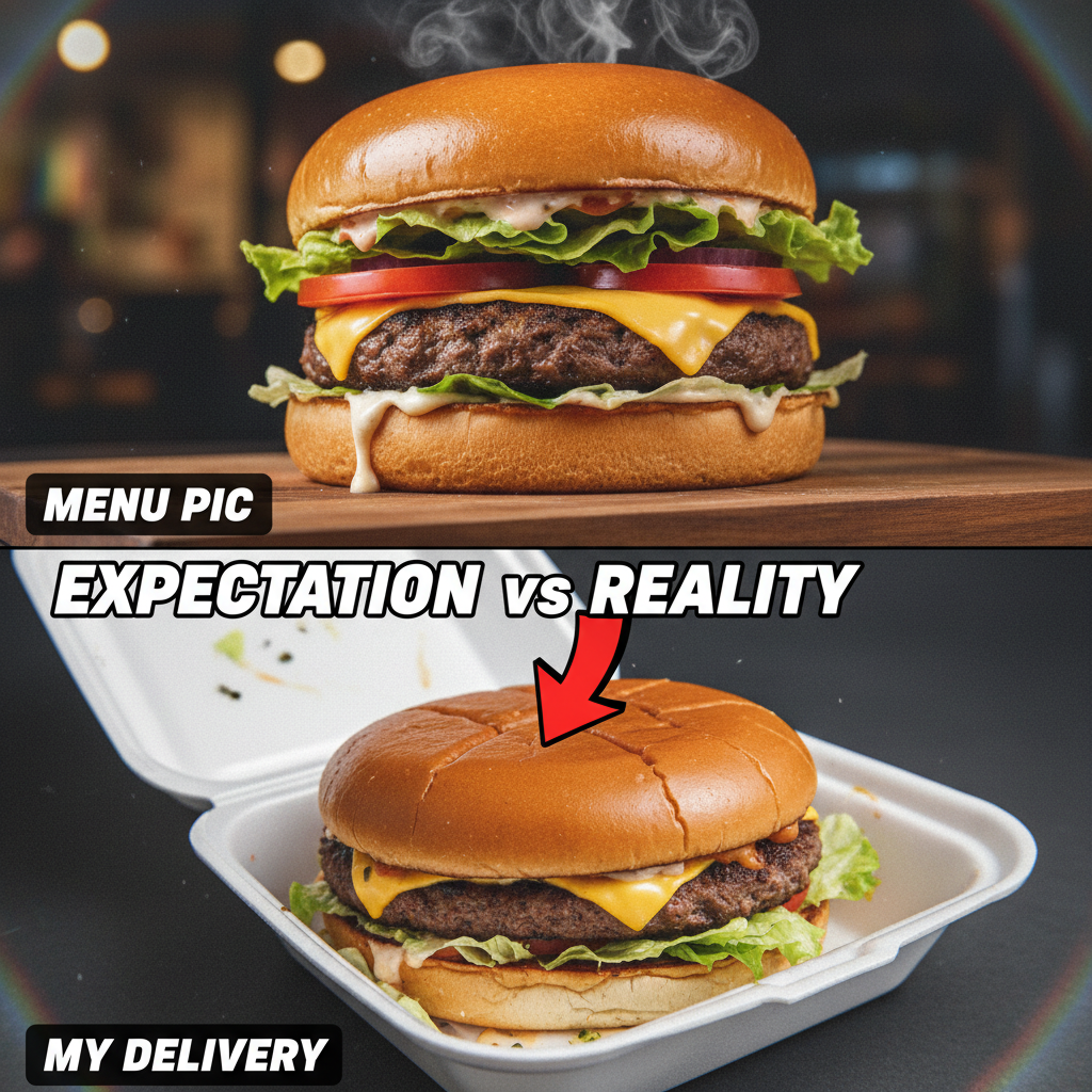 Ordered a gourmet burger, got something that looks like it lost a fight. Expectations vs. Reality.