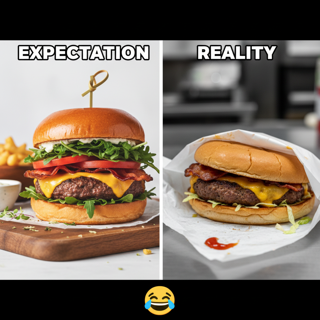 Ordered a gourmet burger, got a sad patty on a napkin. Expectation vs Reality hits hard.