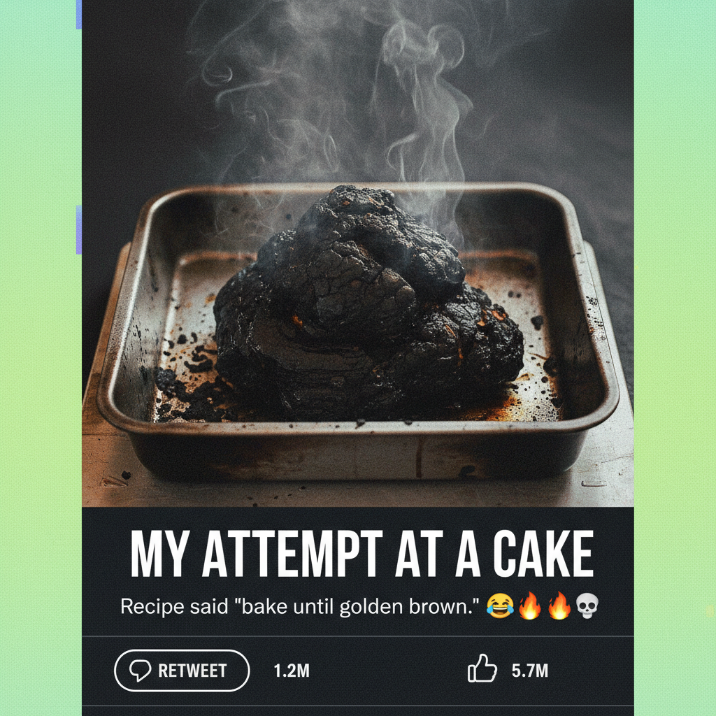 Attempted to make a cake, ended up with a charcoal briquette. Send help & fire extinguishers.