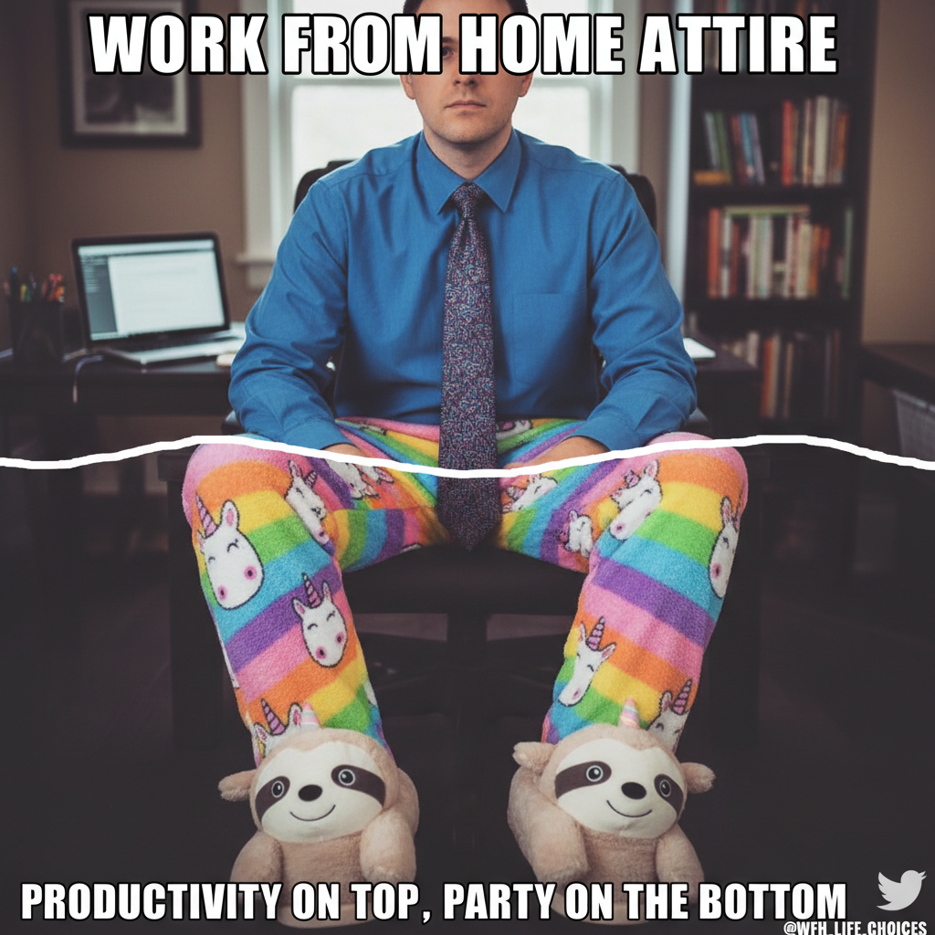 My 'work from home' outfit is a business shirt and pajama bottoms. The duality is real.