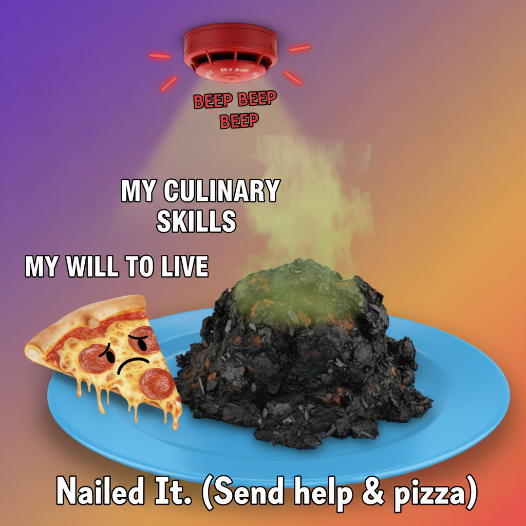 My 'gourmet' dinner turned into a charcoal briquette. Send help (and pizza). #CookingFail