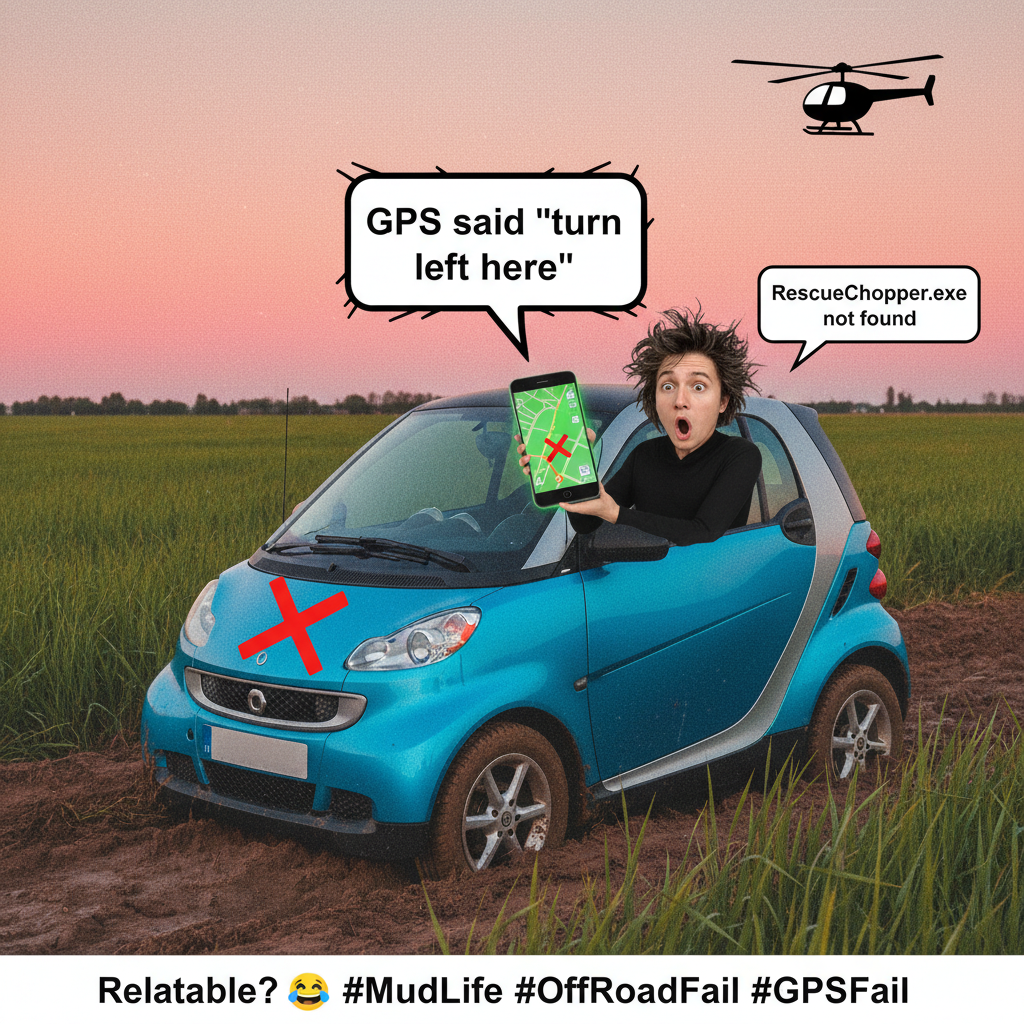 GPS said 'turn left'. I am now in a field. Send snacks and a helicopter.