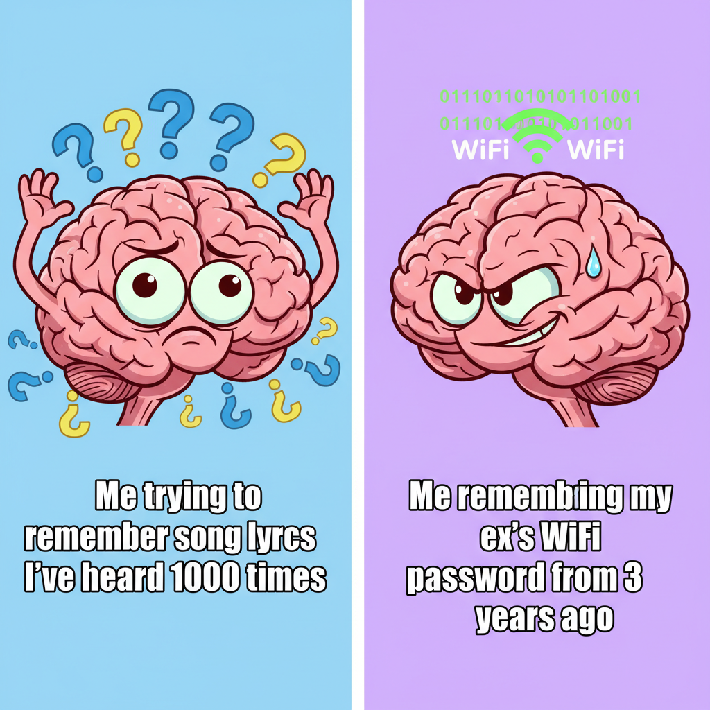 My brain trying to remember song lyrics vs. remembering my ex's WiFi password