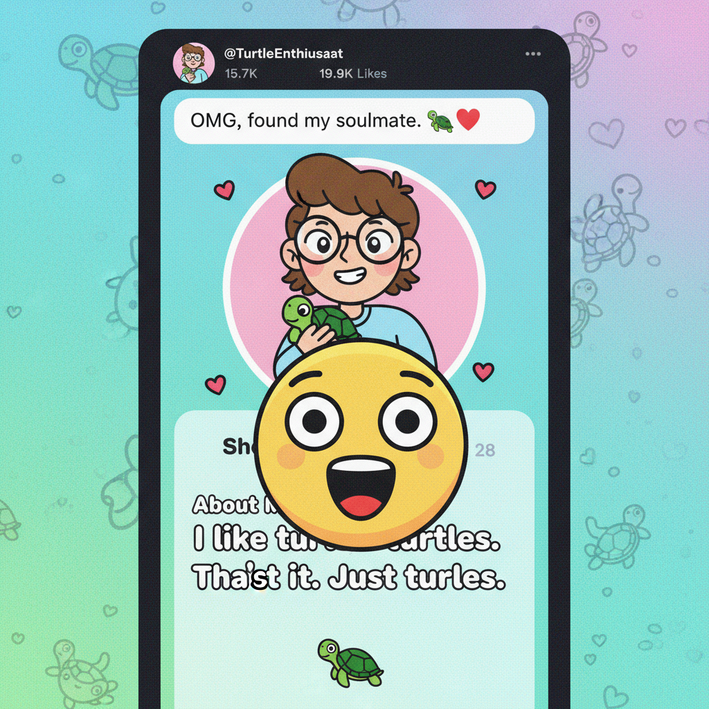 Matched with someone whose bio was just 'I like turtles.' I think I found my soulmate.