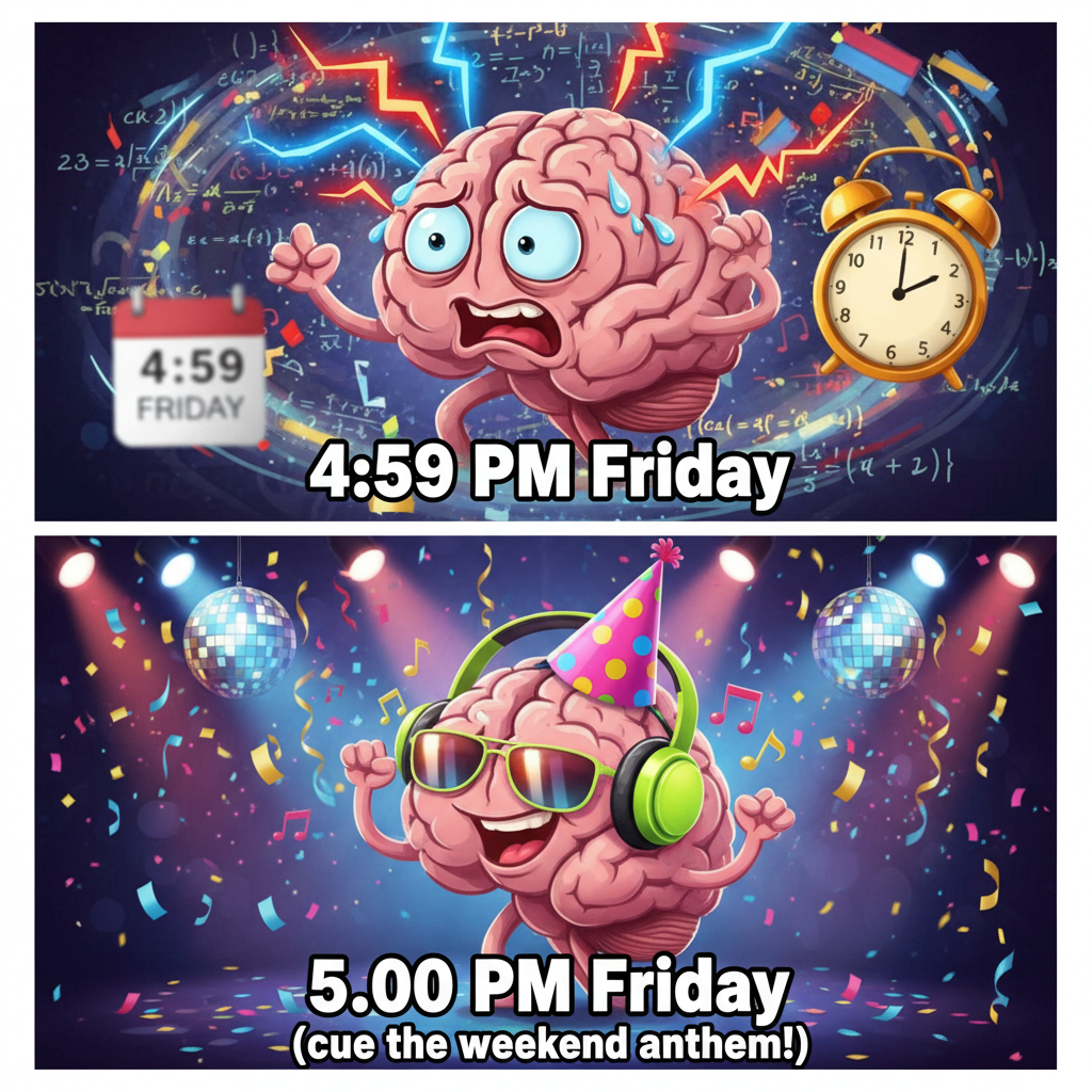 My brain cells at 4:59 PM on a Friday vs. 5:00 PM on a Friday