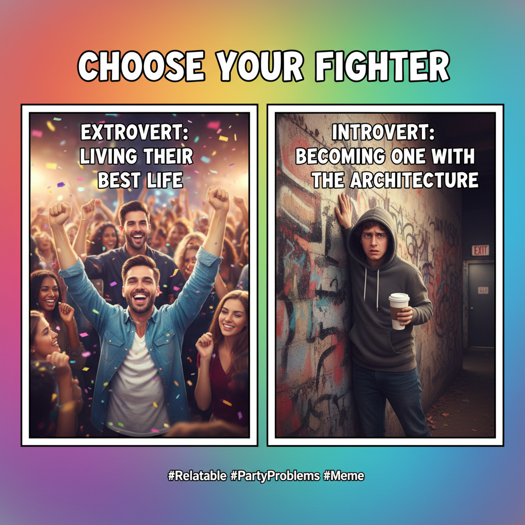Introvert at a party vs. Extrovert at a party. One is thriving, the other is planning their escape.